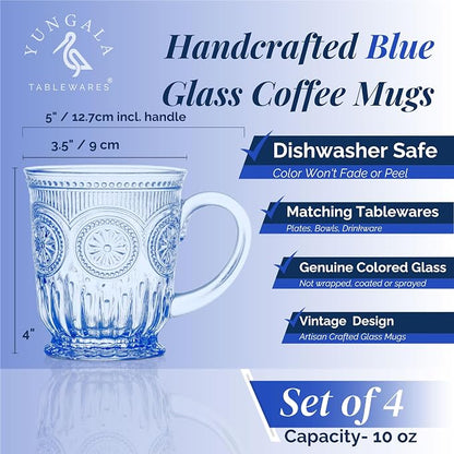 Blue Glass Mugs Set of 4, 10oz Coffee Cups or Vintage Tea Cups, Aesthetic Blue - Image 2