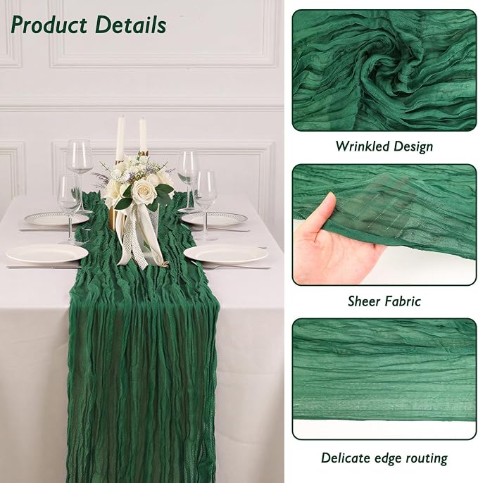 6 Pack Emerald Green Cheesecloth Table Runner 120 Inch Boho Wedding Decor | - Image 3