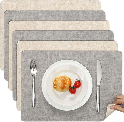 Myir JUN Reversible Vinyl Placemats Set of 6, Faux Leather Place Mats Dual Sided Waterproof Wipeable, Heat-Resistant Table Mats for Kitchen Dining Indoor Outdoor (12" x 17", Light Gray Cream-White)