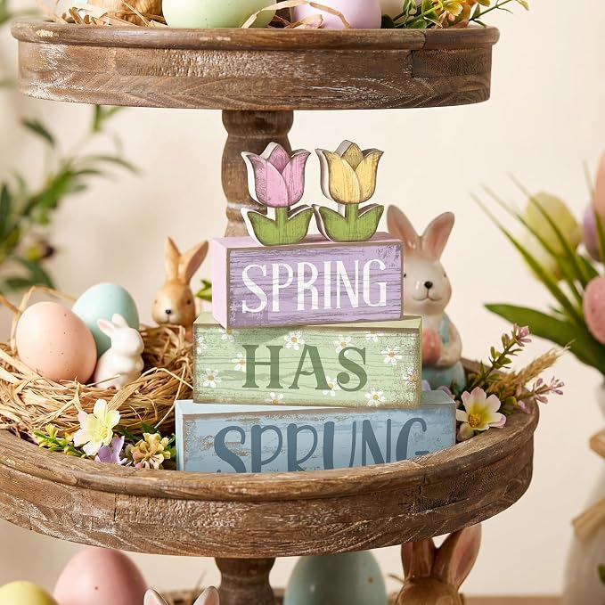 Moucuny 4 Pcs Spring Table Decorations Wooden Stacked Block Sign - Image 7