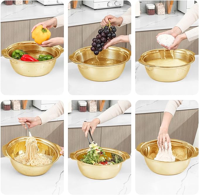 304 Stainless Steel Microporous Colander with Handle, Rice Washers Microporous Strainer Set For washing vegetables, fruits and rice, and draining cooked pasta(2QT with handle-Gold)