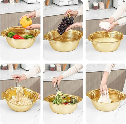 304 Stainless Steel Microporous Colander with Handle, Rice Washers Microporous Strainer Set For washing vegetables, fruits and rice, and draining cooked pasta(2QT with handle-Gold)