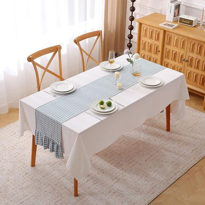 Dust Blue White Plaid Gingham Ruffle Table Runner 90 inches Long 100% Washed - Image 2