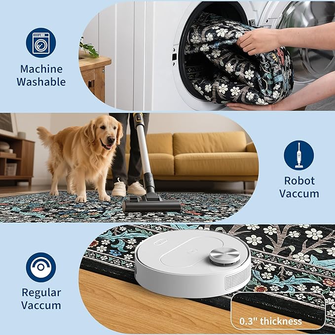 GarveeHome Floral Entryway Rug, 2x3 Washable Front Door Entry Throw Rugs Indoor, Non Slip Bathroom Small Rugs, Boho Thin Rug for Kitchen, Soft Carpet Mat for Bedroom Bathroom, Black