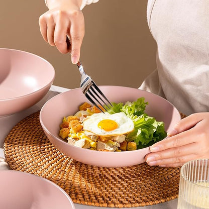 AmorArc 8.75‘’ Large Pasta Bowls, 42 ounce Deep Stoneware Bowls Set of 4 for Kitchen, Wide Bowl for Pasta/Salad/Fruit/Oatmeal/Soup, Microwave&Dishwasher Safe-Matte Pink