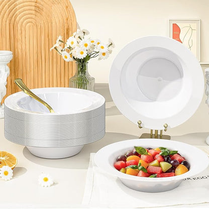 BESTVIP 100 Pack 12 oz White Plastic Bowls, Disposable Soup Bowls, Heavy-duty Dessert Salad Bowl for Christmas, Party, Wedding, Dinner, Catering