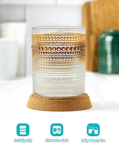 Vintage Dot-Pattern Drinking Glasses Set of 4 – 14.5 oz Clear Short Glass Cups – Embossed Textured Glassware with Anti-Slip Grip, Water Juice Soda Cocktail Tumblers – Thick Glass, Dishwasher Safe