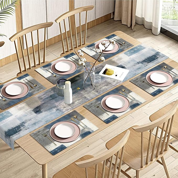 Emvency Table Runner and Placemats Set of 6, Abstract Farmhouse Painting | Blue by Emvency