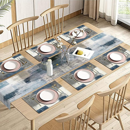 Emvency Table Runner and Placemats Set of 6, Abstract Farmhouse Painting | Blue by Emvency