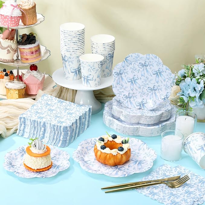 250 Pcs Blue Floral Disposable Paper Plates and Napkins | Bow Coquette - Image 3
