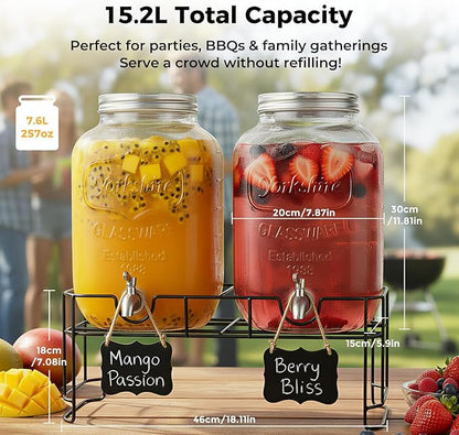 DD&HAPP 2 Gallon Glass Drinks For Parties With Stand.Stainless Steel Spigots & Metal Stand,Large Capacity Beverage Dispenser for Party,Infused Water,Iced Tea,Lemonade,Outdoor,Commercial Use.