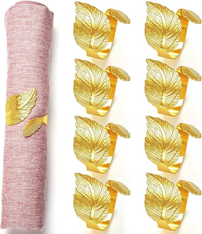 Gold Leaf Napkin Rings Set of 8,Metal Napkin Ring Holder Bulk for Holiday Party,Wedding,Banquet Elegant Table Setting,Classic Dining Room Decor (8)