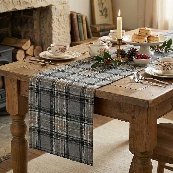 Artoid Mode Grey Brown Farmhouse Plaid Retro Table Runner, Rustic Holiday Check - Image 5