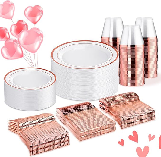 WELLIFE 300 PCS Rose Gold Dinnerware Set for 50 Guests, Valentine's Day Plate, 50 Dinner & Salad Plates,Cups, Forks Knives Spoons for Wedding Reception and Mothers Day Plates