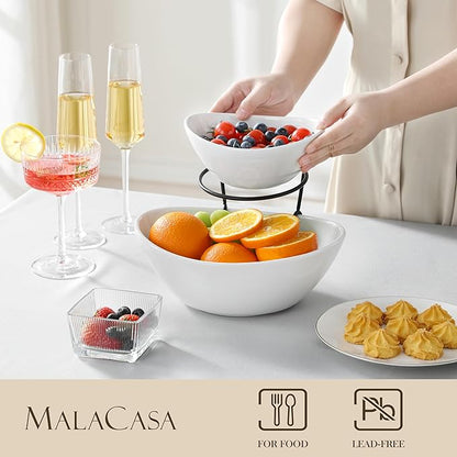 MALACASA 2 Tier Chip and Dip Serving Set with Metal Stand,Ceramic Appetizer Bowls for Party, Multi-Use Food Display for Fruits, Snacks,White Elegant Tiered Serving Dishes for Party