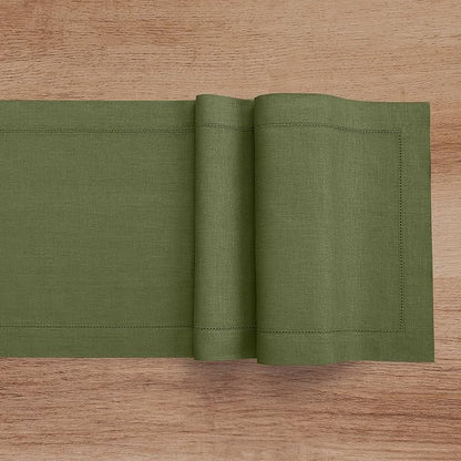 Solino Home Linen Table Runner 36 Inches - 100% Pure Linen Olive Hemstitch Table Runner 14 x 36 Inch Ideal for Dresser and Coffee Tables - Classic Hemstitch