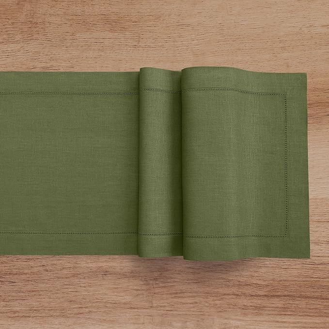 Solino Home 100% Pure Linen Dining Table Runner Olive Hemstitch, 14 x 36 in | - Image 4