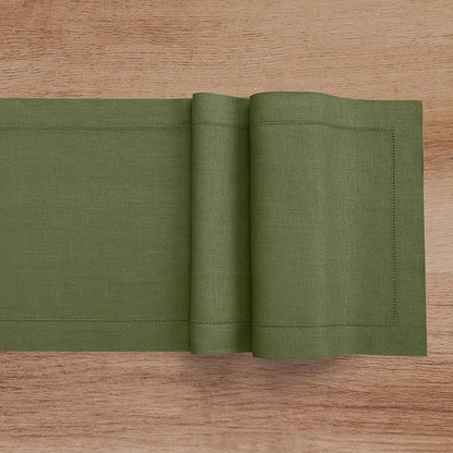 Solino Home 100% Pure Linen Dining Table Runner Olive Hemstitch, 14 x 90 in | - Image 3