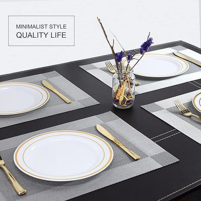 Placemats,Table Place Mats for Kitchen Dining, Heat-Resistant Anti-Skid Stain Washable PVC Table Mats, Easy to Cleaning Woven Vinyl Dinner Mats (Dark Silver, 6 Pack)