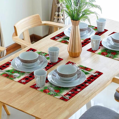 Christmas Placemats Set of 4 - Xmas Bells Place Mat 12x18 Inch Buffalo Plaid Pinecone Table Mat for Party Kitchen Dining Home Holiday Party Decor