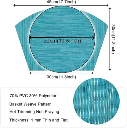 SHACOS Small Round Table Placemats Set of 5 Woven Vinyl Wedge Placemats with Centerpiece Round Table Mats Heat Resistant Wipe Clean (5, Teal Blue)