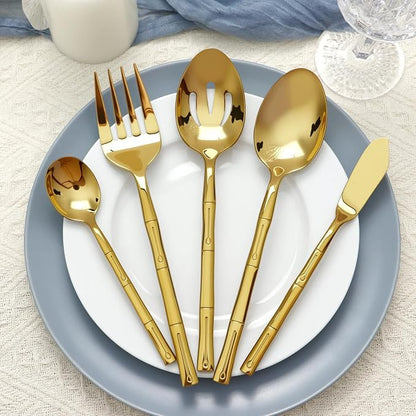 Gold Silverware Set 45-Piece Bamboo Pattern Service - Image 7