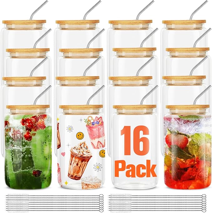 ASKIZ 16Pcs Glass Cups With Bamboo Lids and Straws, 16Oz Ice Coffee Cup by ASKIZ