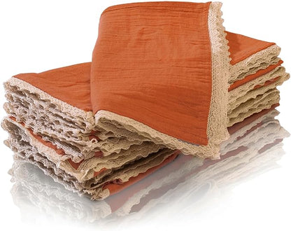 Fingercraft Dinner Cloth Napkin Cotton Muslin Double Gauze 8 Pack with Classic Lace for Everyday Use, Wedding, Party, Christmas, Easter Napkins Cloth are Pre Shrunk and Good Absorbency Rust