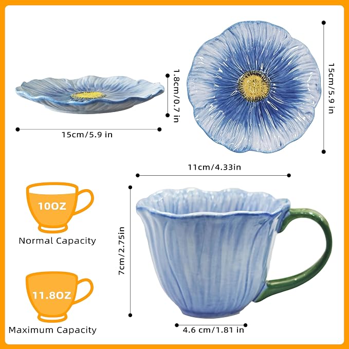 10 oz Tea Cups and Saucers, Ceramic Flower-shaped Cappuccino Cup, Latte Cup and - Image 2