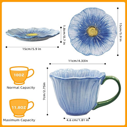 10 oz Tea Cups and Saucers, Ceramic Flower-shaped Cappuccino Cup, Latte Cup and - Image 2