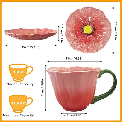 10 oz Tea Cups and Saucers, Ceramic Flower-shaped Cappuccino Cup, Latte Cup and - Image 2