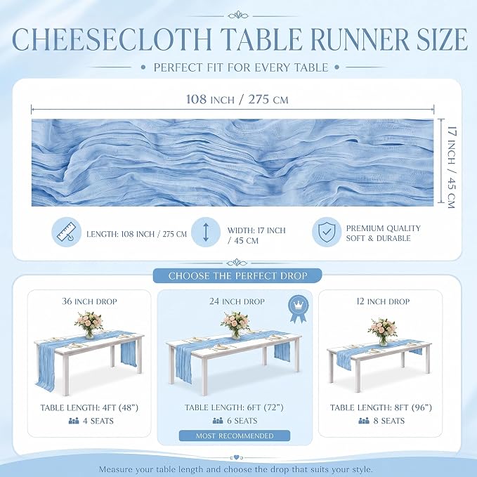 2 Pack Light Blue Cheesecloth Table Runner 17x108 Inch Boho Rustic Semi Sheer - Image 3