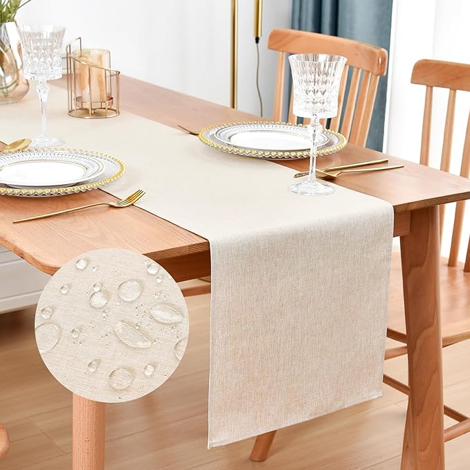 Faux Linen Table Runner Water Resistant 13 x 60 in, Neutral | Farmhouse Rustic by Nacuci