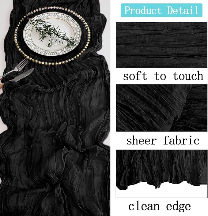 4 Pack Black Cheesecloth Table Runner 20 x 120 inch Gauze Table Runners 10 FT - Image 3