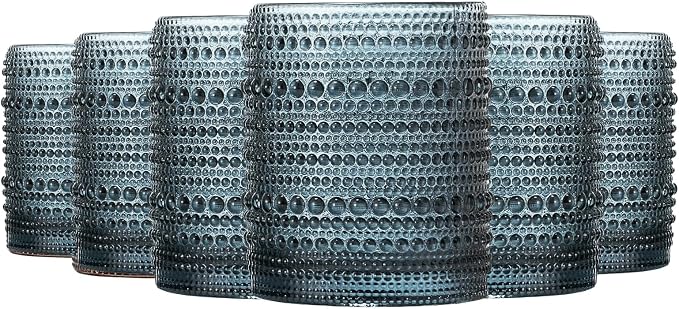 Blue Hobnail Drinking Tumbler | Set of 6 | 11 OZ Bubble Design Vintage Glassware by Khen