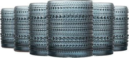 Blue Hobnail Drinking Tumbler | Set of 6 | 11 OZ Bubble Design Vintage Glassware by Khen