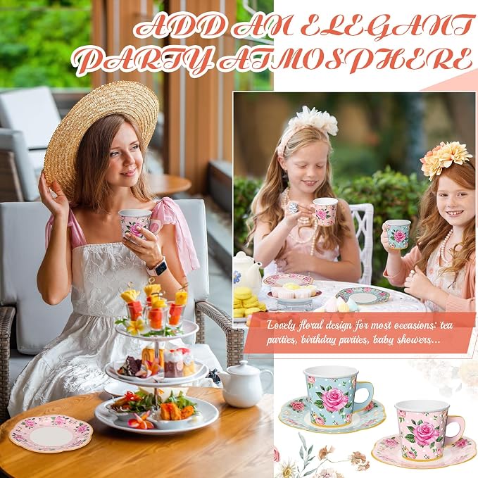Umigy 60 Sets Floral Tea Party Decorations 9 oz Floral Paper Teacups & Saucer - Image 6