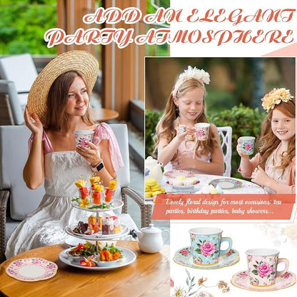 Umigy 60 Sets Floral Tea Party Decorations 9 oz Floral Paper Teacups & Saucer - Image 6