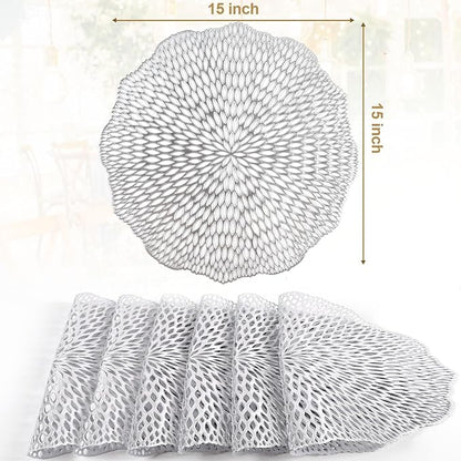 Round Placemats Set of 6, Hollow Out Table Mats Washable Wipeable Vinyl Place Mats for Wedding Party Kitchen Decorations
