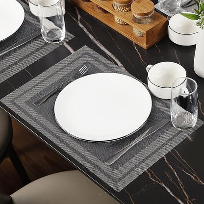 Placemats Set of 12,Washable,Heat and Stain Resistant Indoor/Outdoor Place mats,Vinyl Woven Non Slip Table Mats for Restaurant Table Protection,PVC Placemats(Black Gold,12PCS)