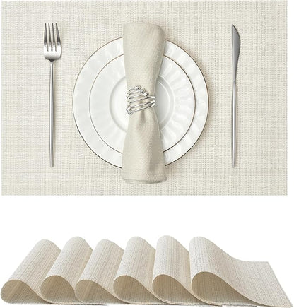 Leetaltree Luxury White and Silver Woven Placemats Set of 6 - Waterproof Washable Textured Table Mats for Wedding, Anniversary, Daily Use - Sparkling Metallic Thread Table Decor - Hand-Cut