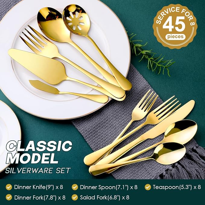 Gold Silverware Set for 8, OGORI 45-Piece Stainless Steel Flatware Set - Image 2