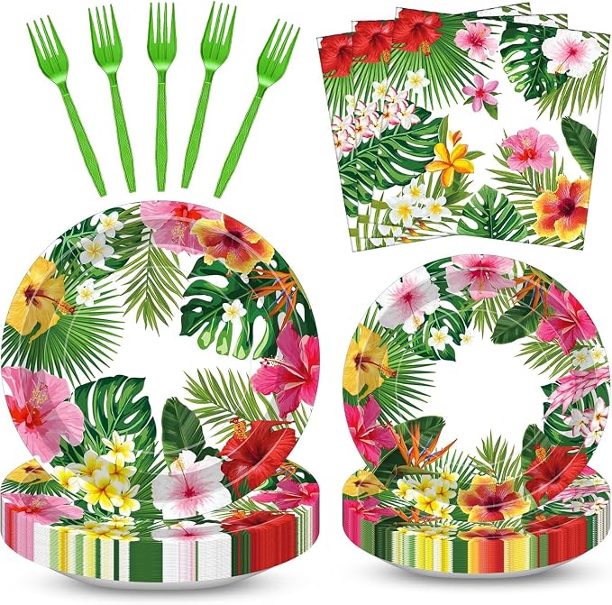 100 Pcs Tropical Luau Party Supplies Set, Serves 25 – Disposable Hibiscus by Merriva