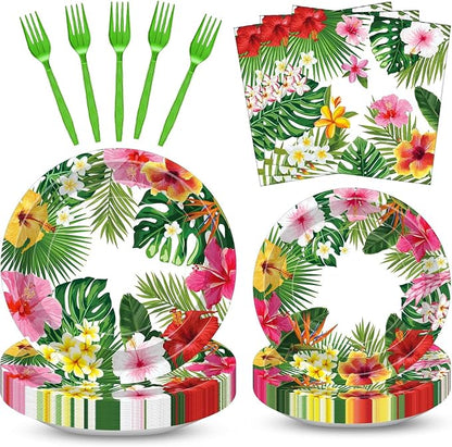 100 Pcs Tropical Luau Party Supplies Set, Serves 25 – Disposable Hibiscus by Merriva