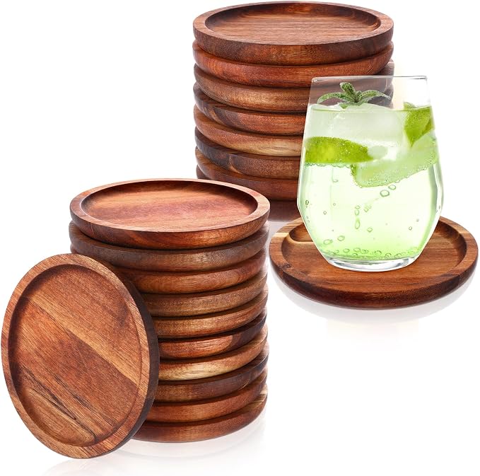 Gejoy 20 Pcs Wooden Coasters for Drinks 5 Inch Natural Stackable Acacia Wood by Gejoy