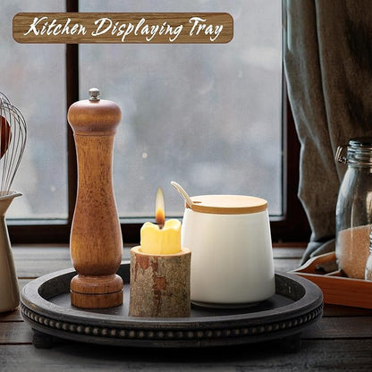 KULEDM Wooden Tray Decor, Small Beaded Coffee Table Tray Decor, Black Round Decorative Tray for Coffee Table, Dining Room Table Entryway and Living Room Table