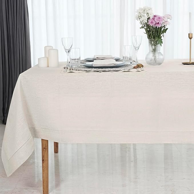 D'Moksha Homes Light Natural Linen Tablecloth 60 x 156 Inch - 100% Pure Linen Natural Tablecloth for Rectangle Tables - Classic Hemstitch, Machine Washable Table Cloth for Valentines, Spring, Easter