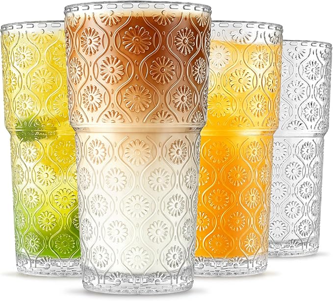 INSETLAN 20oz Begonia Flower Glass Cups Set of 4, Vintage Drinking Glasses by INSETLAN