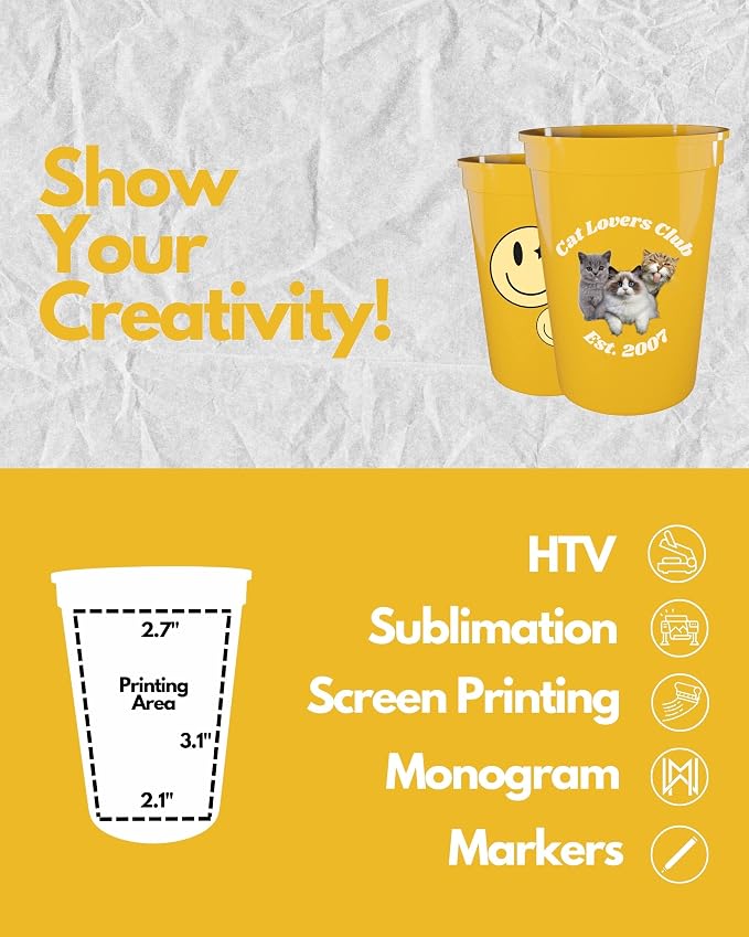 PartyPrints 100 Pack Small 10 to 12 oz Yellow Reusable Blank Plastic Cups - Image 4