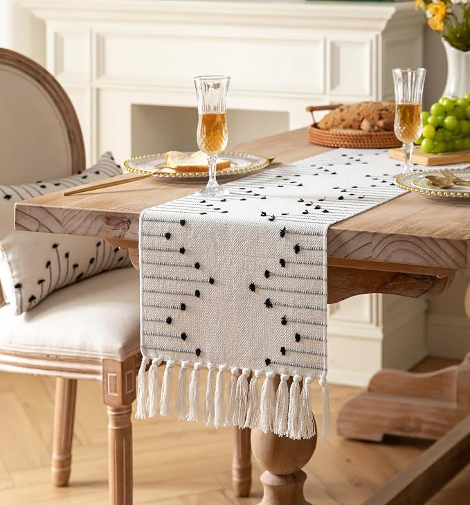 Boho Table Runner 13 x 108 Inch Long Natural Cotton Woven Runner - Image 2
